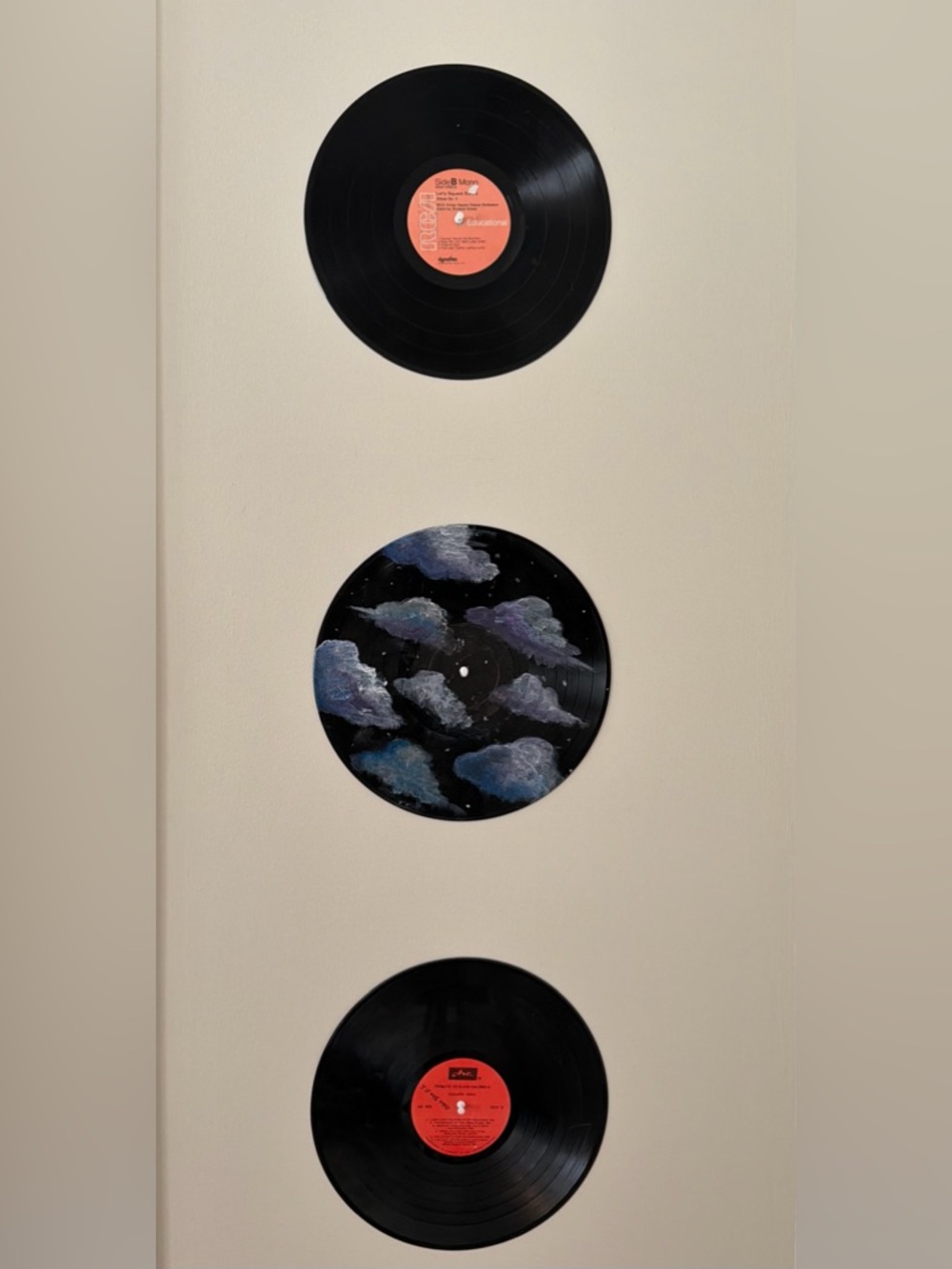 Hand-Painted Vinyl Record Wall Art - Black with Purple/Blue Clouds